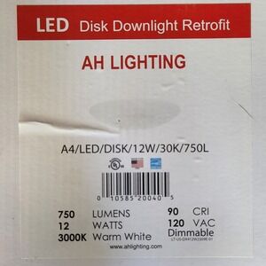 LED Disk Downlight Retrofit AH Lighting A4 Lot of 3 12 W‎ 750 Lumens Warm White